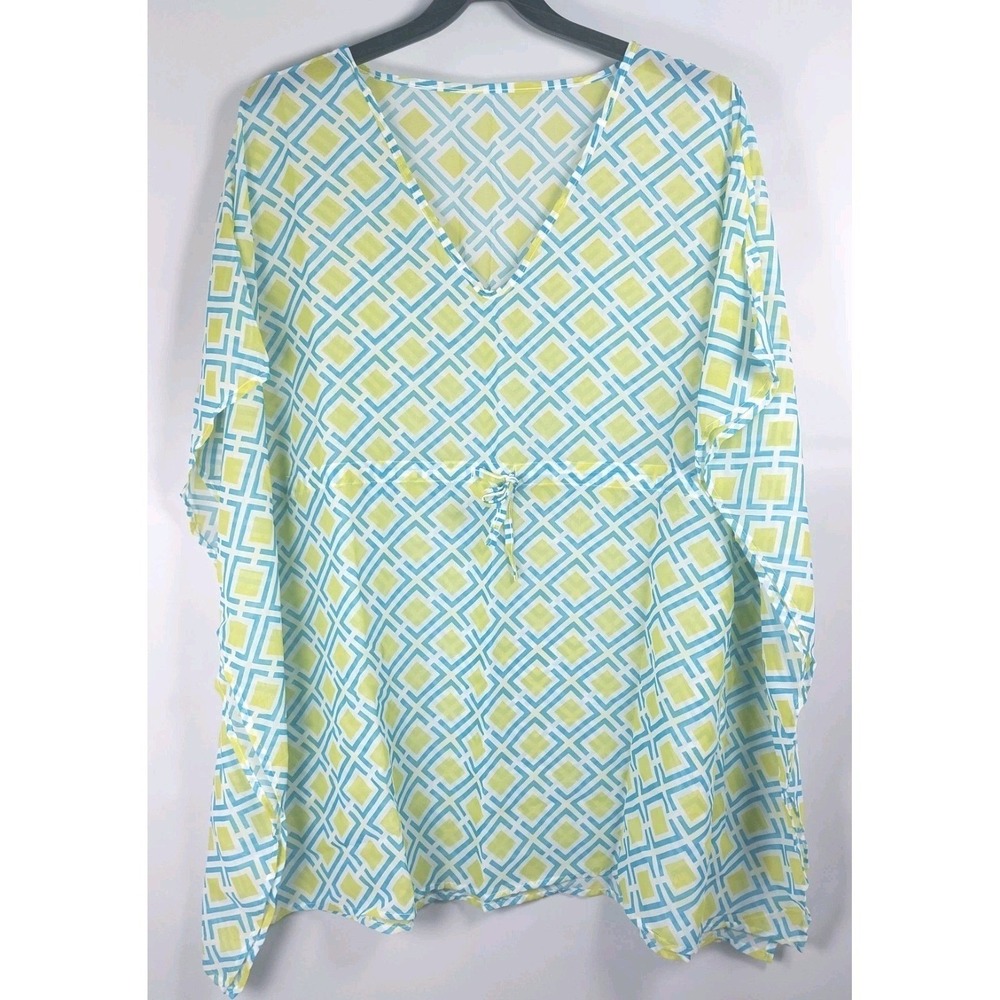 Caftan Cover Up Top Blouse Green Blue Geo Print Size L (?) Sheer Boho Coastal